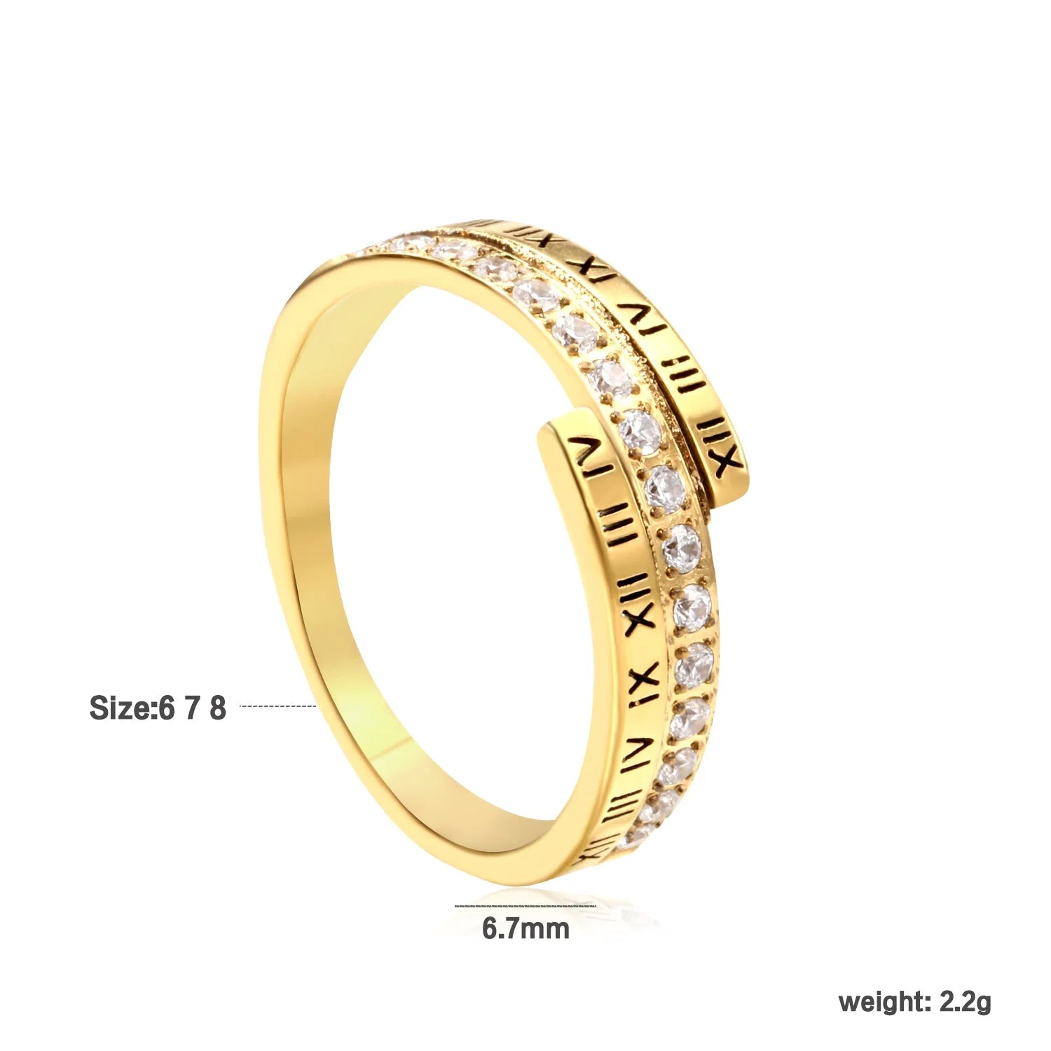 Anello singolo color oro con zirconi bianchi CNC e numeri romani.