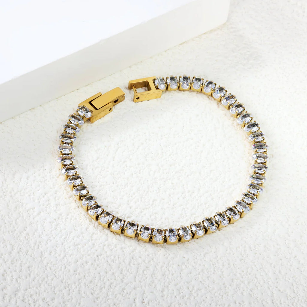 Bracciale ovale bianco/rosa con chiusura a moschettone, 17 cm, acciaio/oro