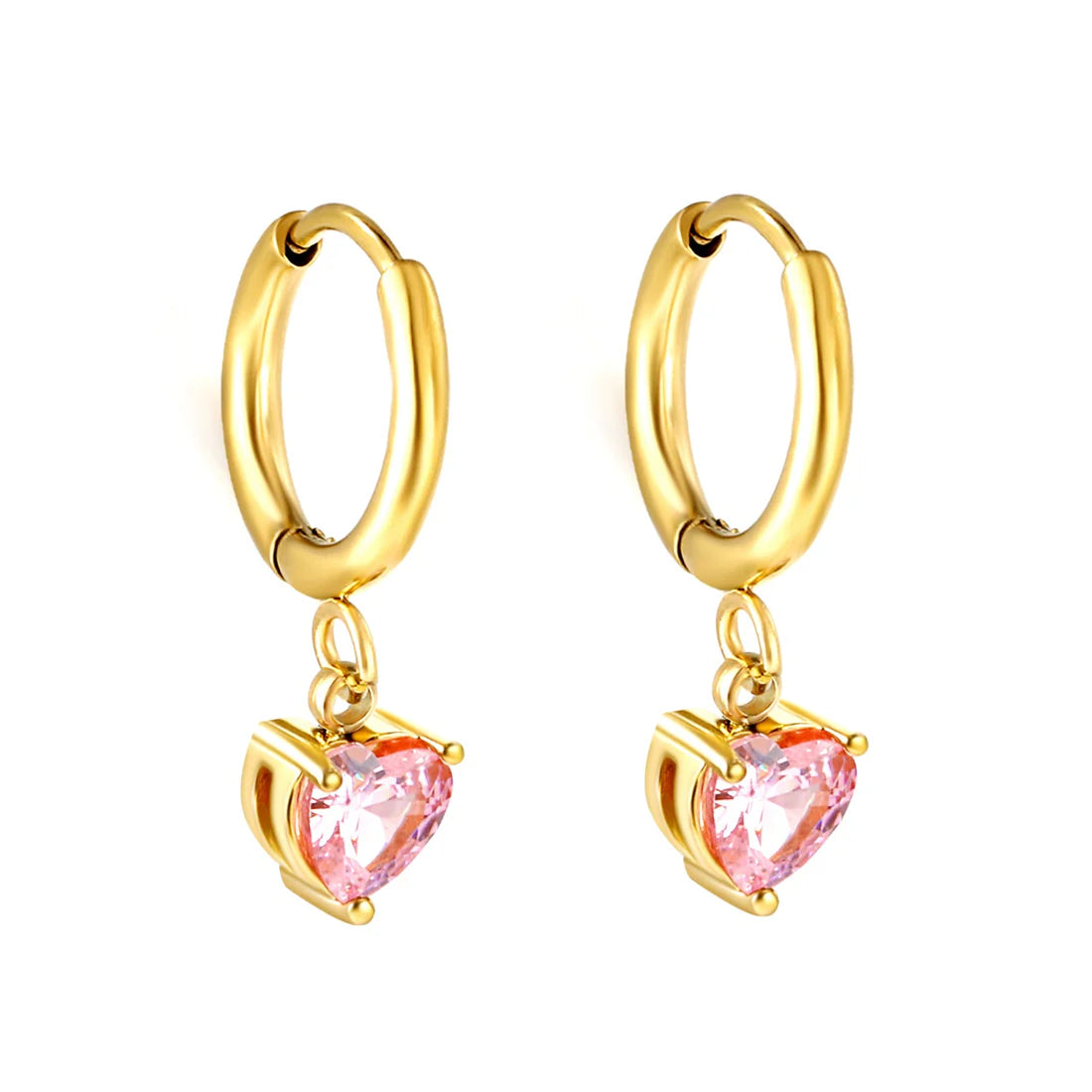 Orecchini a perno rosa con cerchio da 2x14 mm e cuore di diamanti, dimensioni 6,4*7,2 mm.
