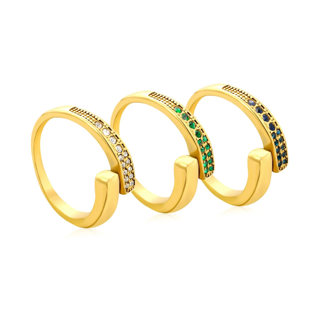 Anello aperto in oro da 9,1 mm con doppia fila irregolare di diamanti bianchi/viola/blu/smeraldi.