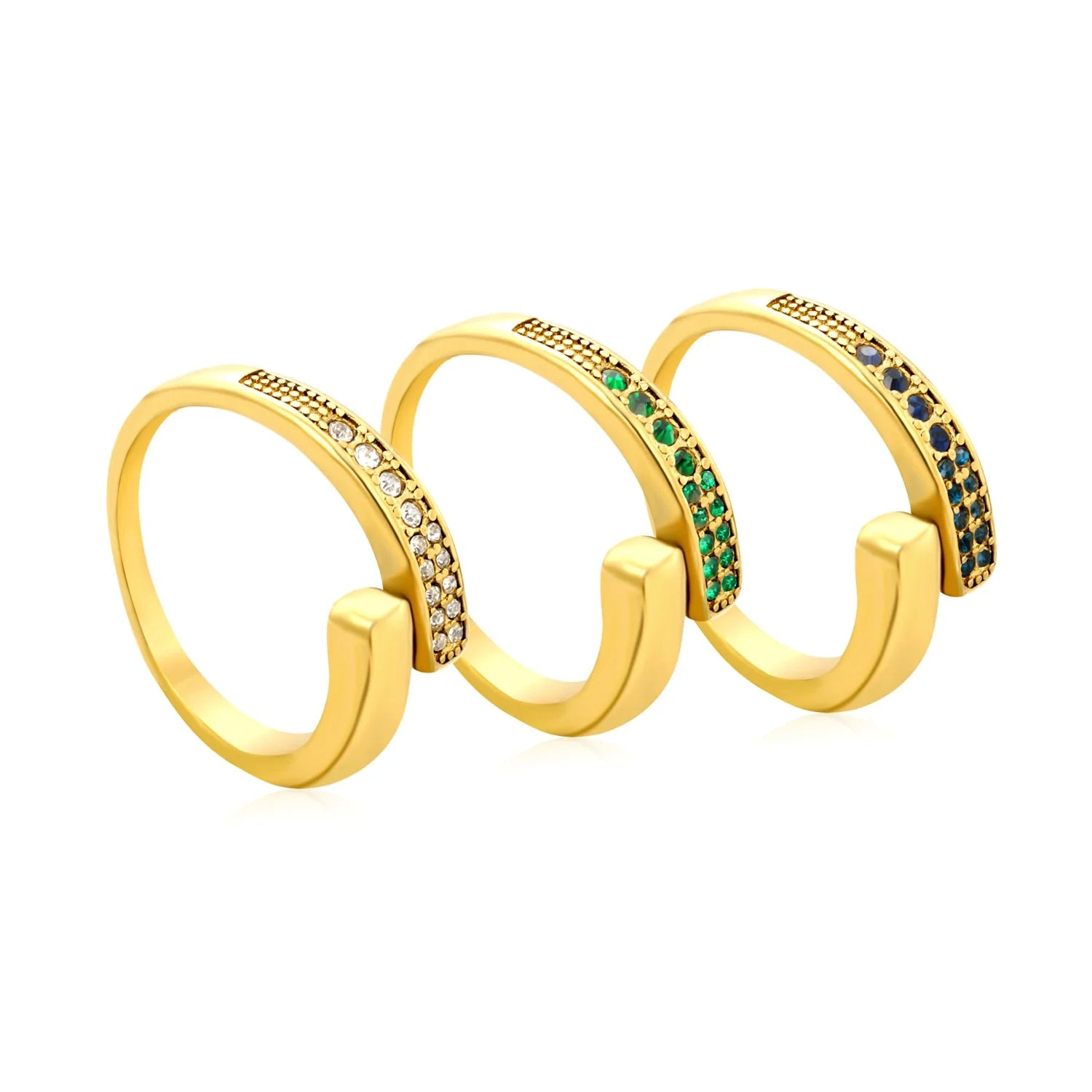 Anello aperto in oro da 9,1 mm con doppia fila irregolare di diamanti bianchi/viola/blu/smeraldi.