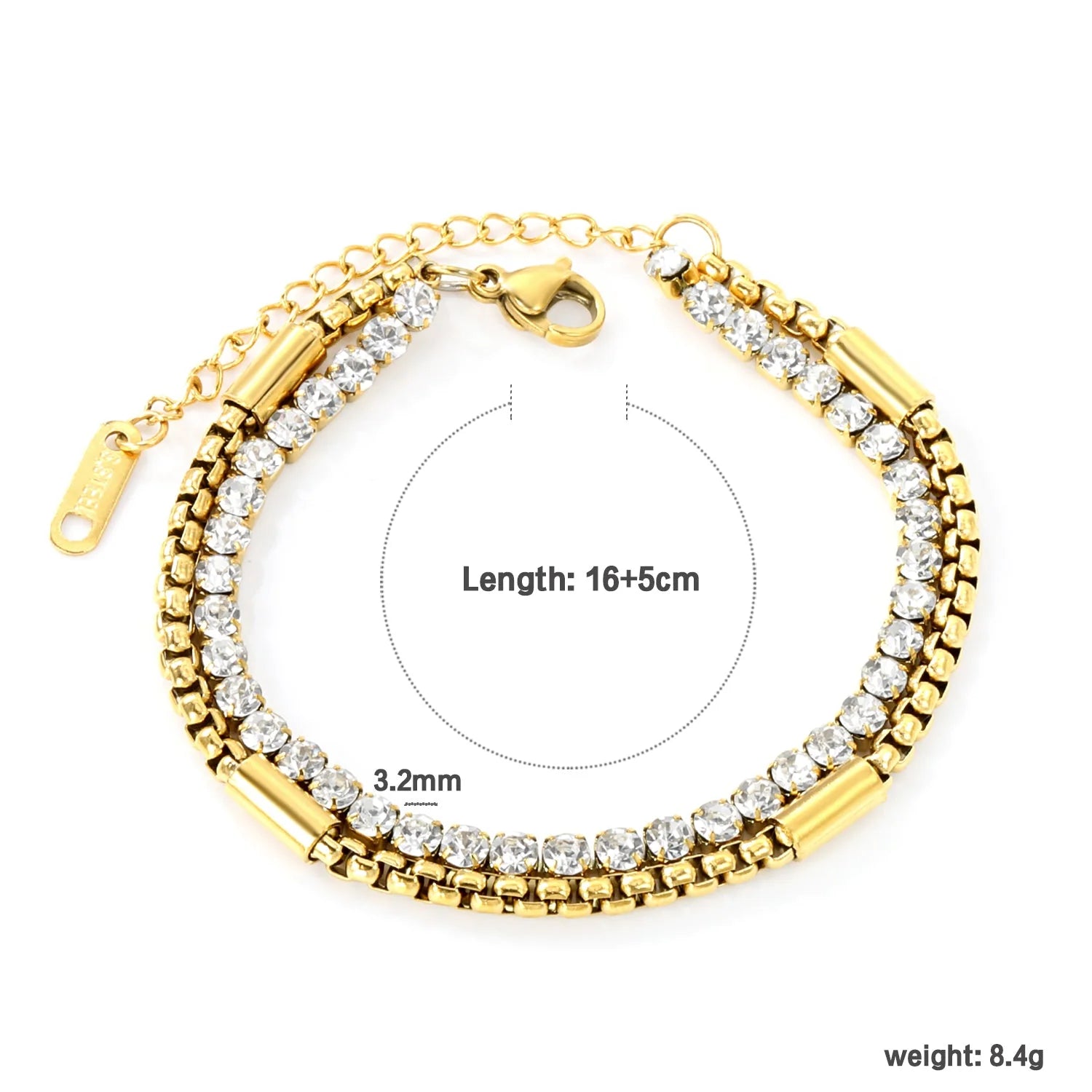 Bracciale con catena coordinata da 3,2 mm con 40 diamanti bianchi rotondi + 40 diamanti bianchi rotondi + bracciale con catena coordinata