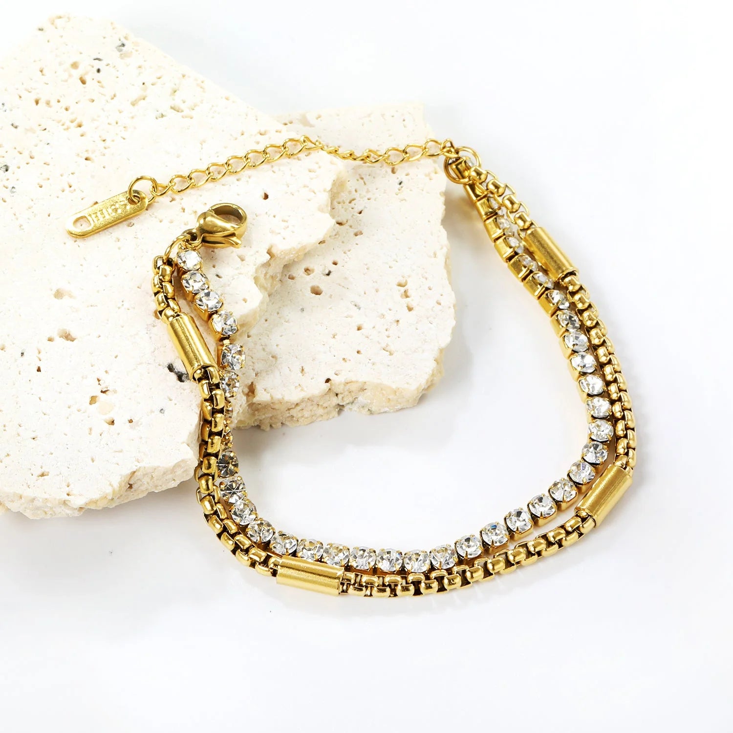 Bracciale con catena coordinata da 3,2 mm con 40 diamanti bianchi rotondi + 40 diamanti bianchi rotondi + bracciale con catena coordinata
