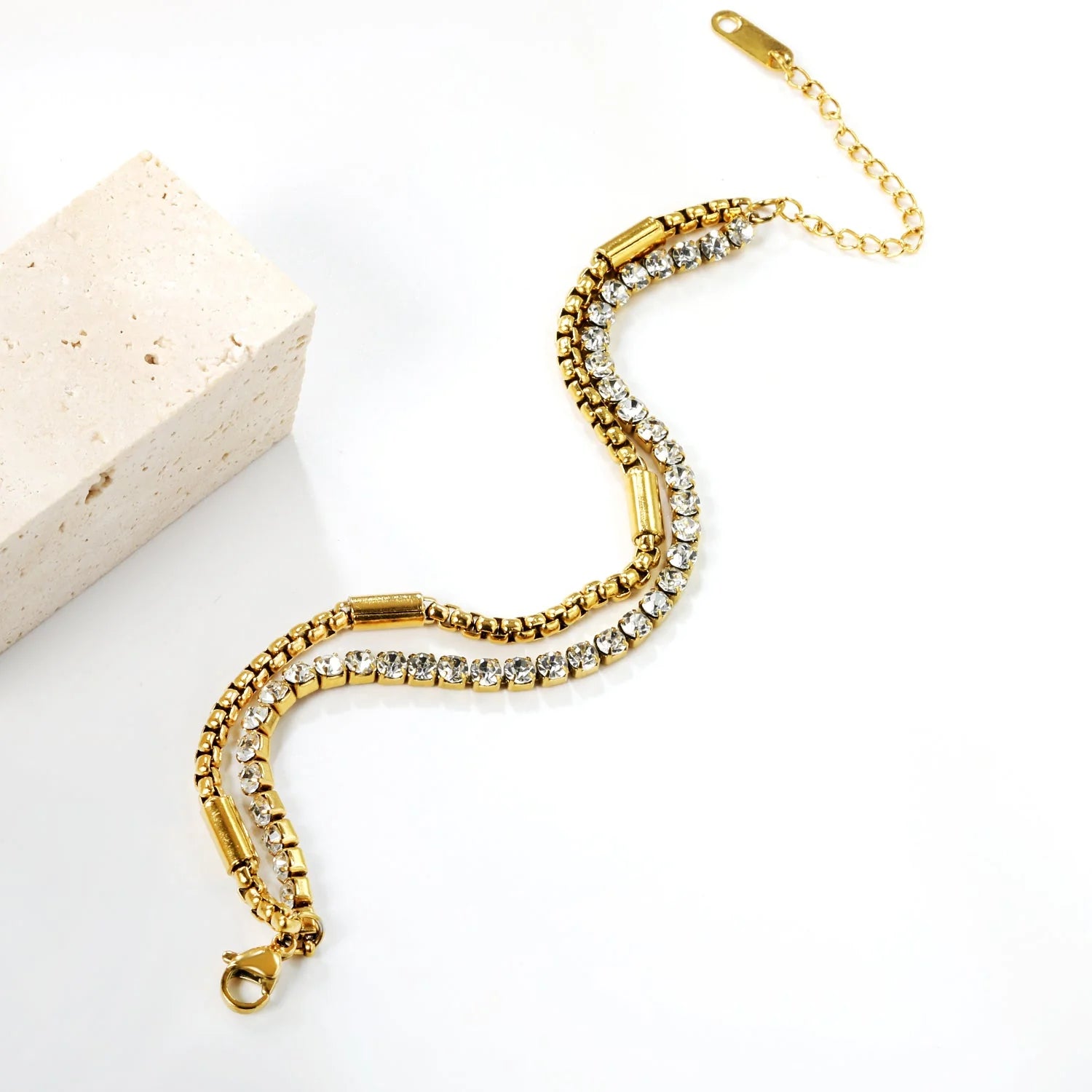Bracciale con catena coordinata da 3,2 mm con 40 diamanti bianchi rotondi + 40 diamanti bianchi rotondi + bracciale con catena coordinata