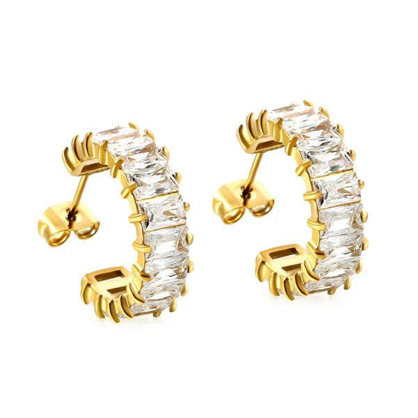 Orecchini rettangolari bianchi a forma di C con due impugnature, 6,8*21 mm, colore acciaio/colore oro