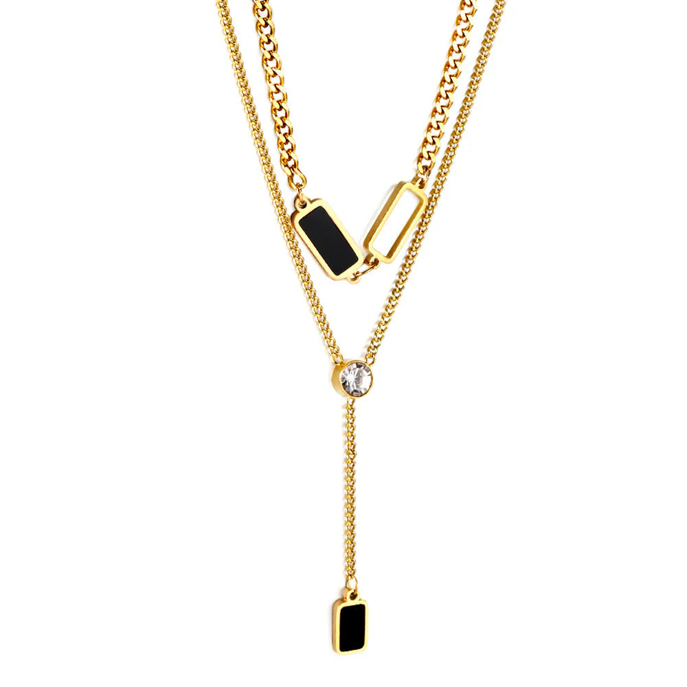 2 gocce d'olio nere rettangolari + 1 scatola quadrata lunga + ciondolo con diamante bianco, doppia catena 50+45+5cm