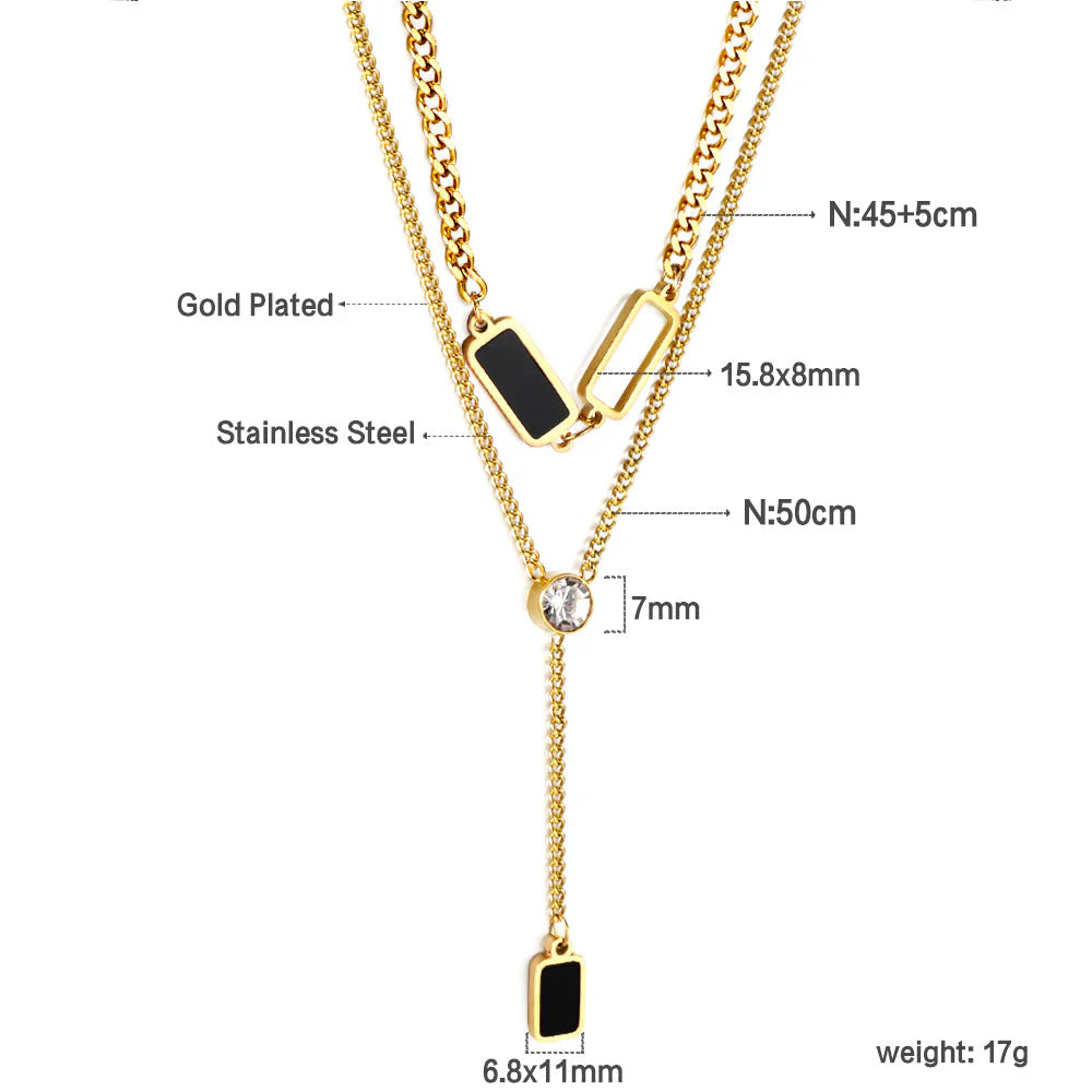 2 gocce d'olio nere rettangolari + 1 scatola quadrata lunga + ciondolo con diamante bianco, doppia catena 50+45+5cm