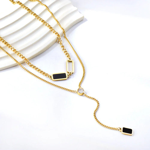 2 gocce d'olio nere rettangolari + 1 scatola quadrata lunga + ciondolo con diamante bianco, doppia catena 50+45+5cm