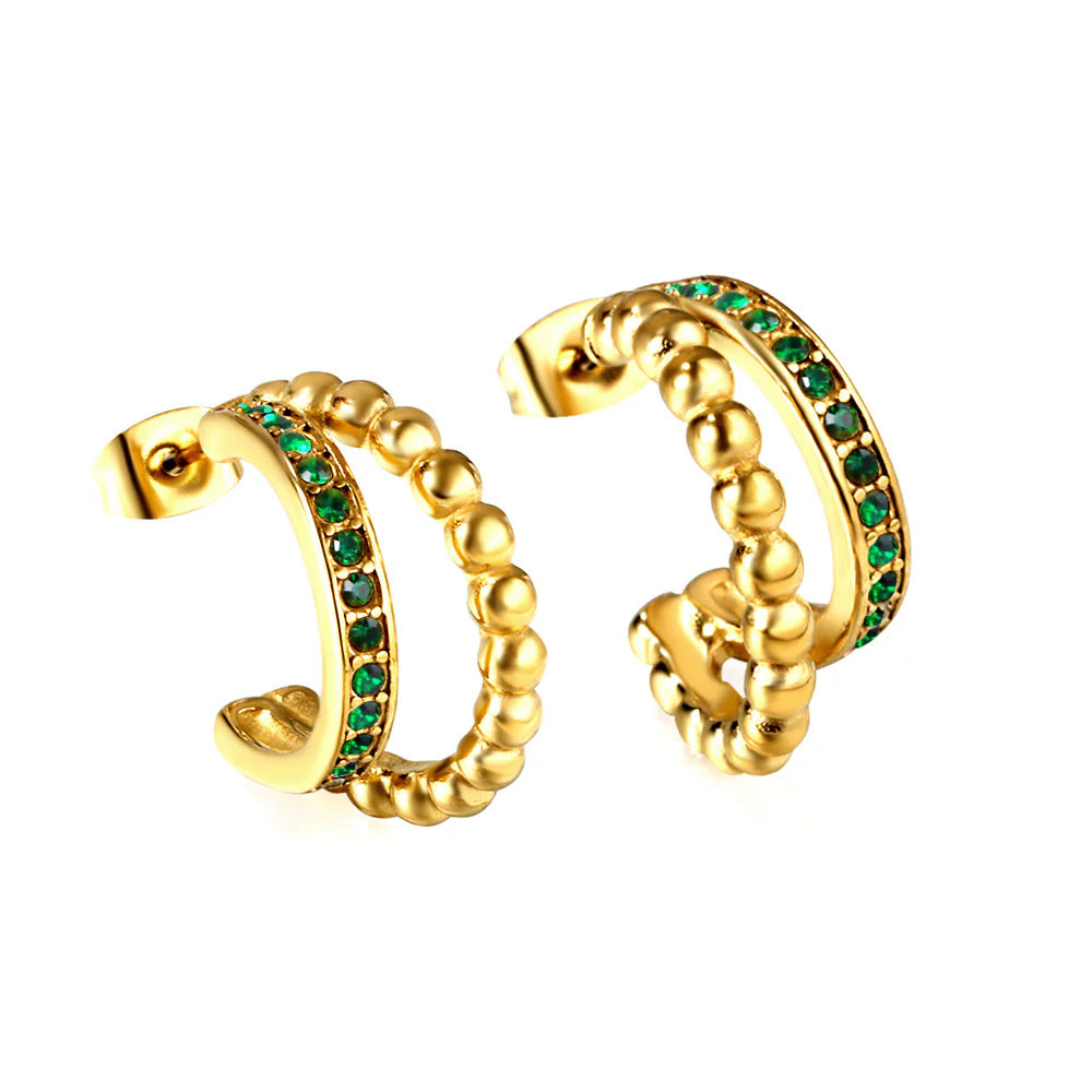 Orecchino semicircolare aperto con chiusura a diamante bianco-verde 8,5*20,5 mm