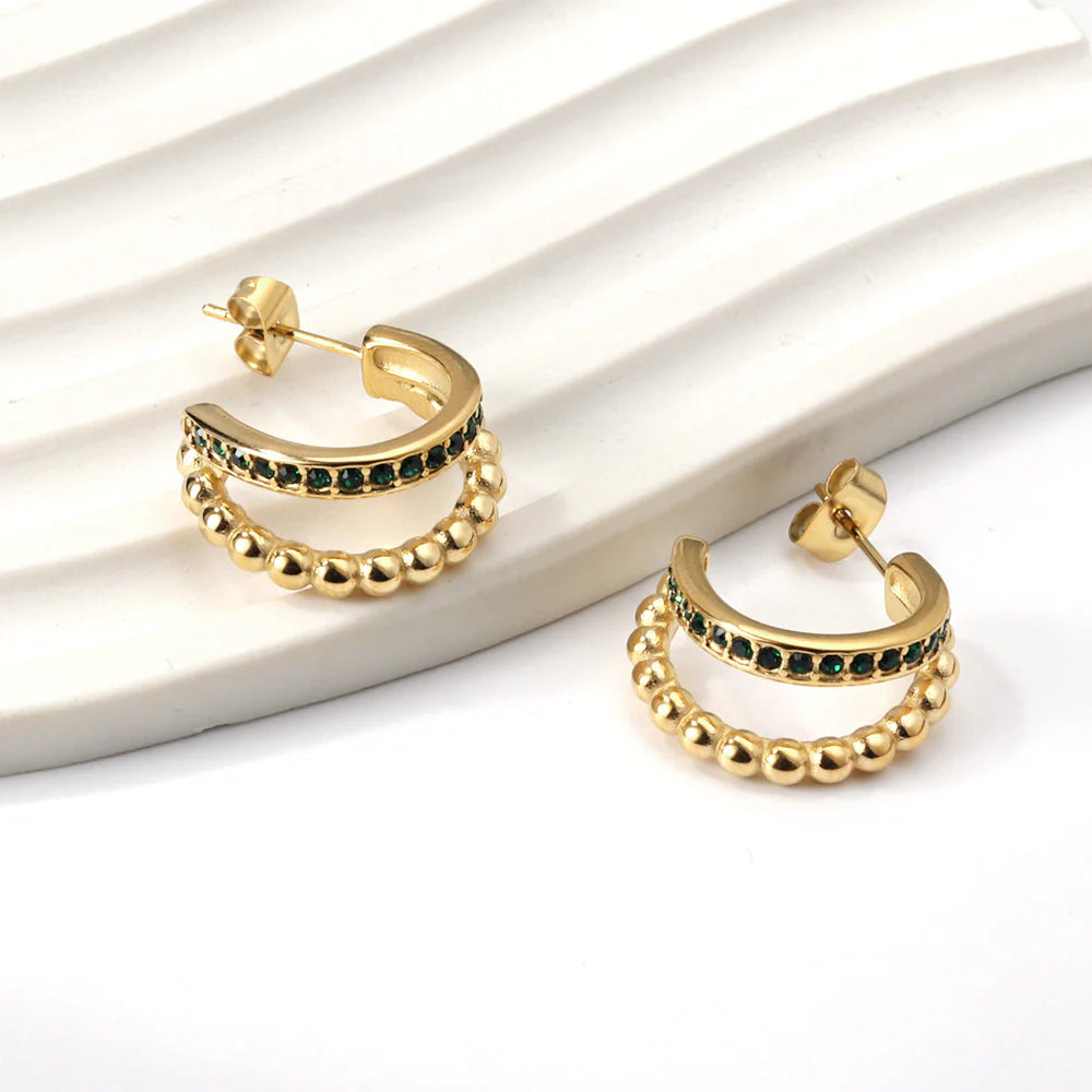Orecchino semicircolare aperto con chiusura a diamante bianco-verde 8,5*20,5 mm