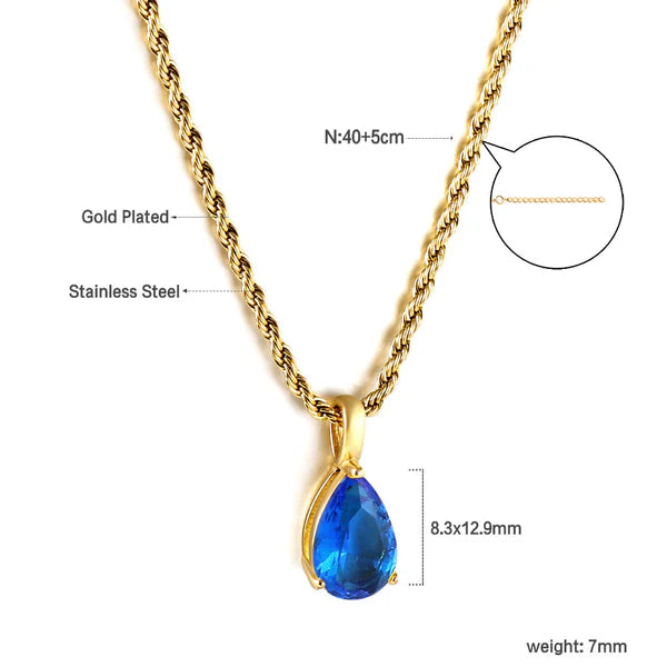 Collana con pendente a goccia blu e diamante, 40+5 cm