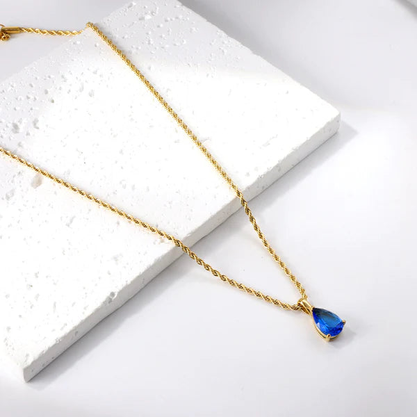 Collana con pendente a goccia blu e diamante, 40+5 cm