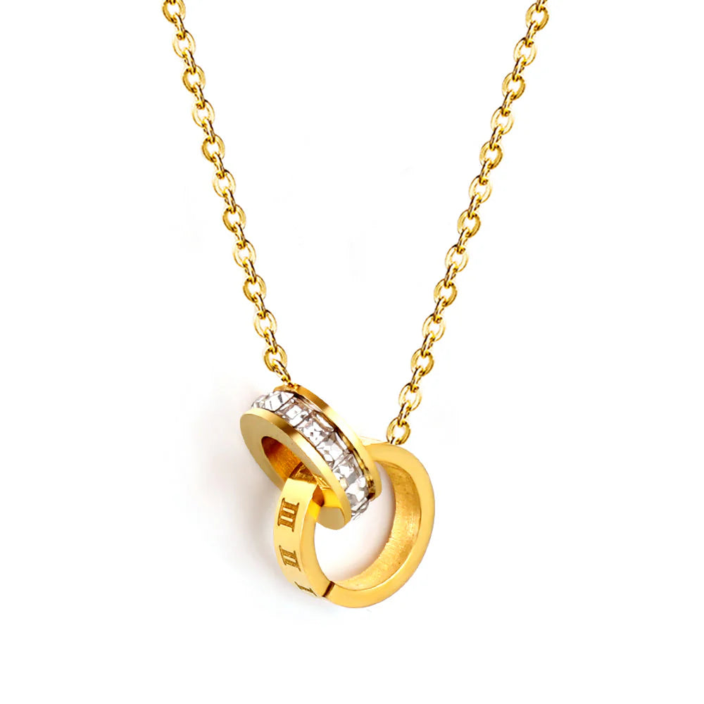 Collana con ciondolo a doppio cerchio con diamanti e numeri romani, 44+5 cm, colore oro.