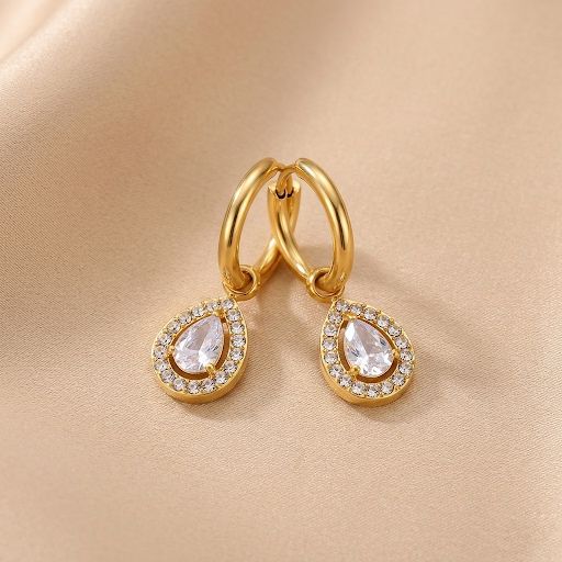 Orecchini a cerchio con diamante a goccia da 2x13 mm e diamante bianco