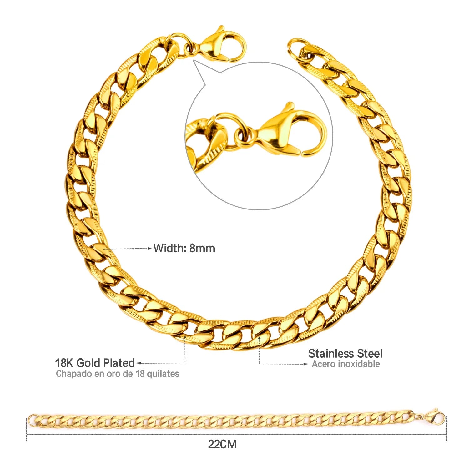 Bracciale rigido ASON da 8 mm in acciaio inossidabile con strisce,